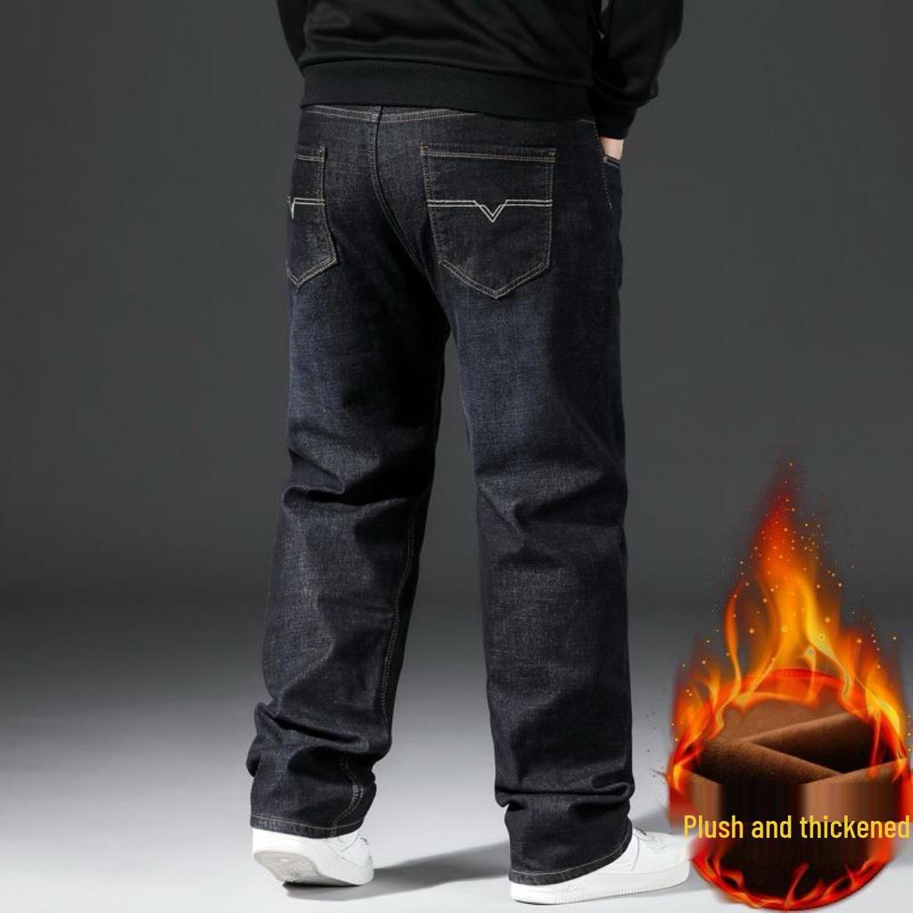 Men's Plus Size Fleece-Lined Straight Leg Jeans - Thick, Loose-Fit for Fall/Winter