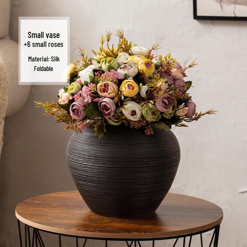 Zen Japanese Retro Black Pottery Vase for Dried Flowers - Large Tabletop Ornament for Living Room or Bedroom