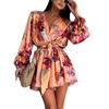 Spring new, European and American women's clothing, fashionable and elegant vacation v-neck printed lace-up dress