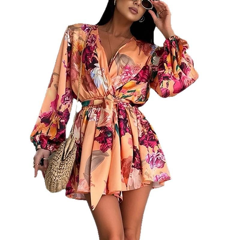 Spring new, European and American women's clothing, fashionable and elegant vacation v-neck printed lace-up dress