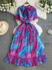 Holiday style French floral smudge dress women's summer new lace-up waist thin elegant pleated chiffon skirt