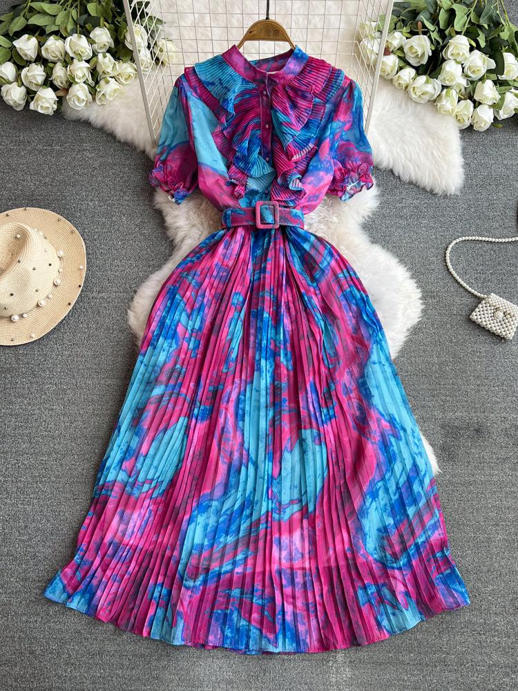 Holiday style French floral smudge dress women's summer new lace-up waist thin elegant pleated chiffon skirt