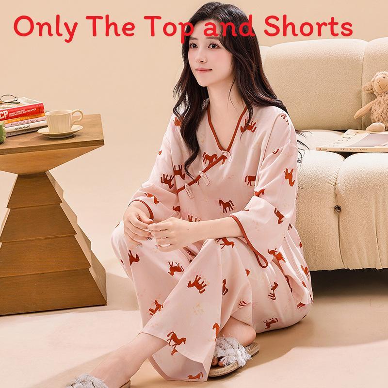 New Oriental Style Womens Pajama Twopiece With Breathable Cotton Satin For Home Use