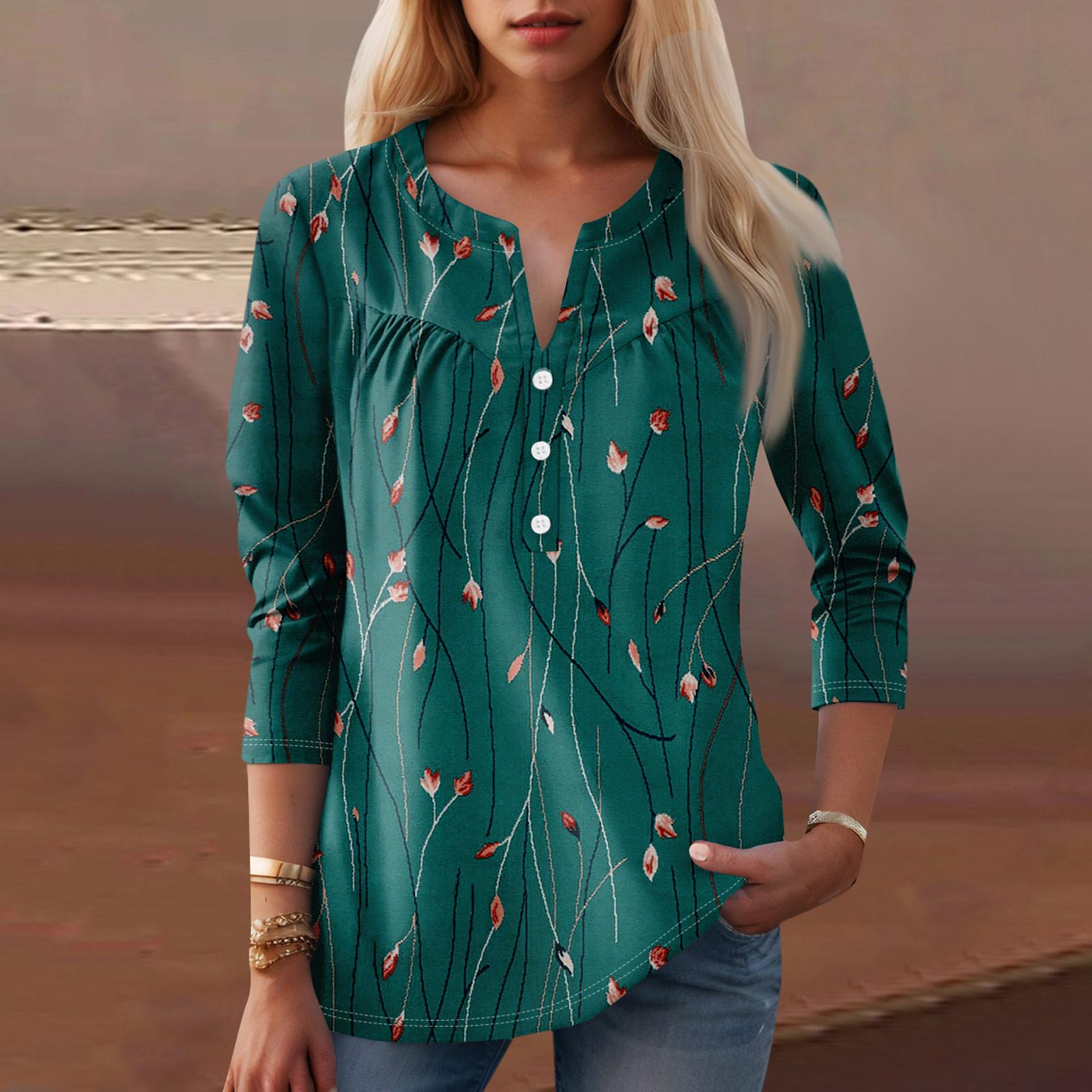 

Женская мода повседневная три четверти рукав V-образный вырез цветочный принт топ S