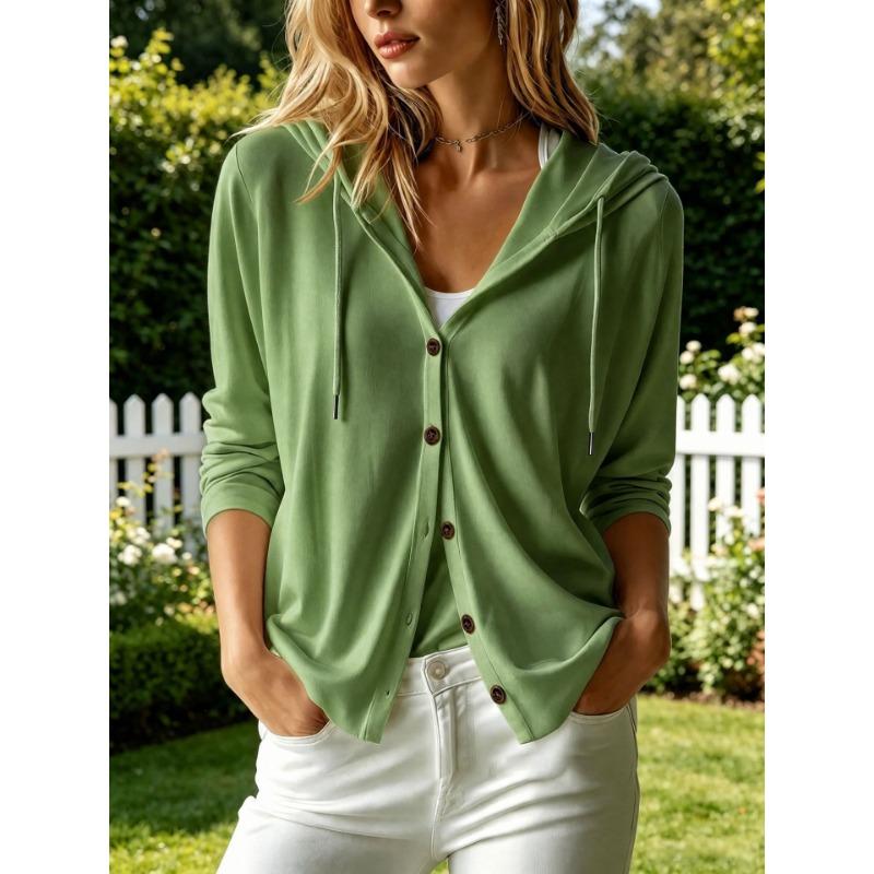 Women S Casual Loose Hooded Solid Color Long Sleeve Button Cardigan
