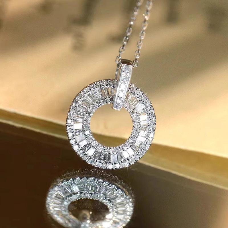 Silver Tone Multi Layer Hollow Round Circle Pendant Necklace Baguette & Round Cut CZ Pave Women Luxury Daily Jewelry