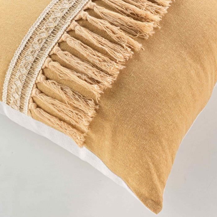 Coussin - Jamara - Ocre - 45 X 45 Cm - Déhoussable - Motifs Ethniques Avec Franges