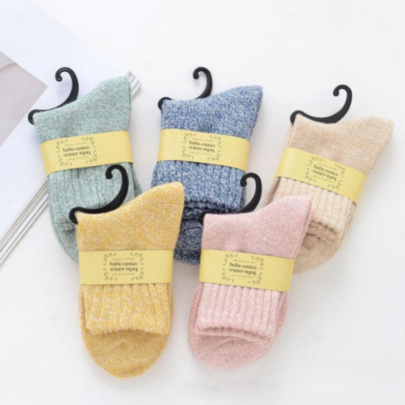 Autumn Winter Wool Socks Thickened Warm Solid Color Socks Double Threaded Mid Calf Cotton Socks Outdoor Women's Rabbit Casual Versatile Socks