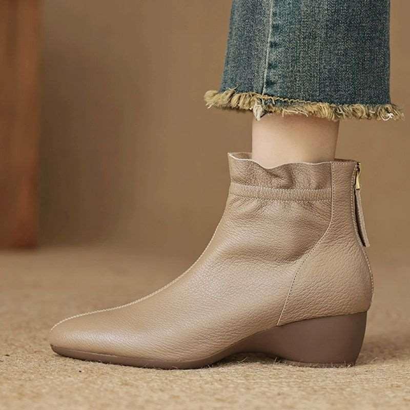 Leather early autumn short boots new fashionable rear zipper soft sole medium heel bare boots wedge heel