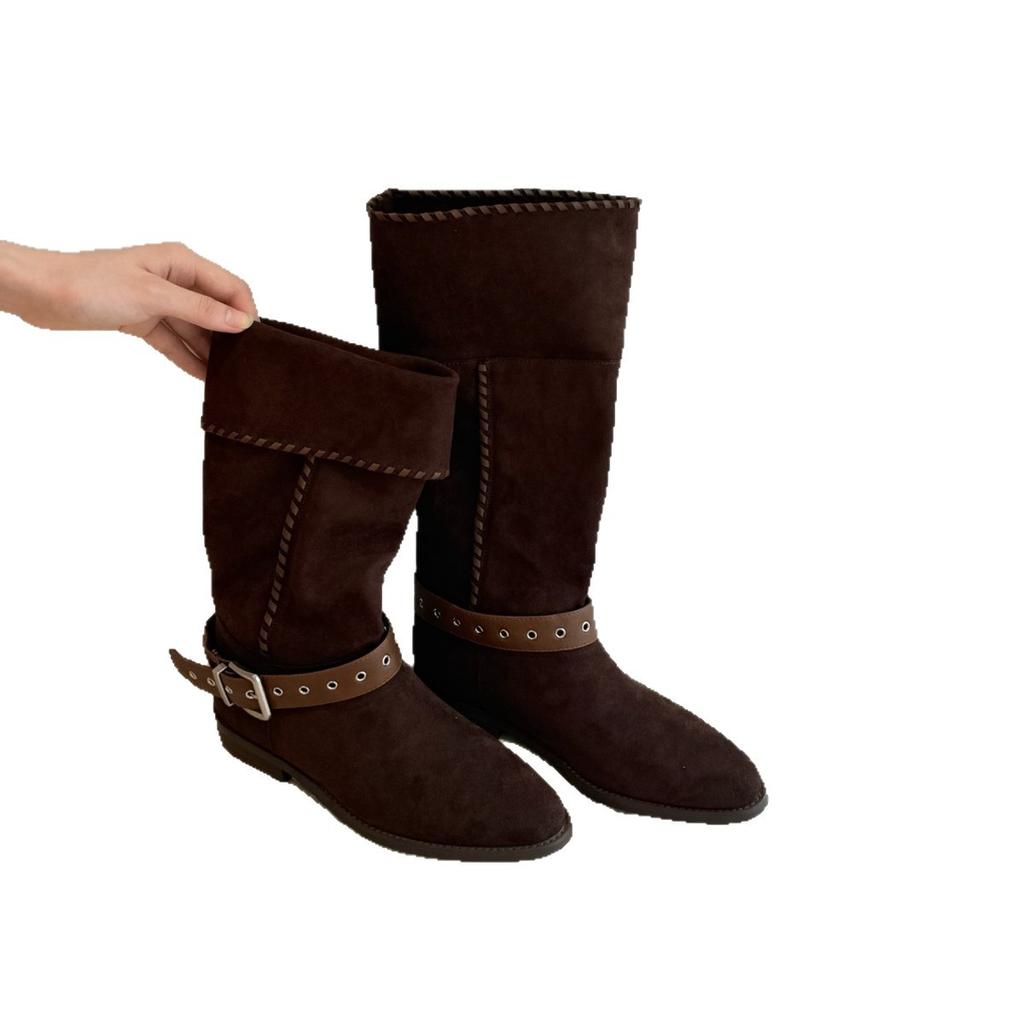 Leather stacking boots 2025 autumn and winter new thick heel buckle western cowboy british style knight boots casual boots