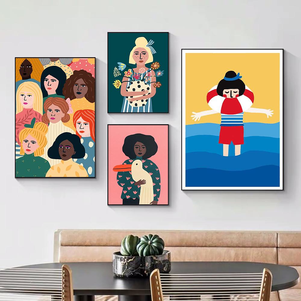 Cartone Animato Astratto Faccia Senza Sorrisi Immagini Decorazione Casa Nordico Ragazze Pittura su Tela Arte da Parete Poster Colorati Stampa per Soggiorno