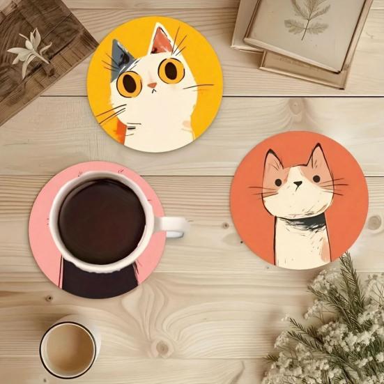 Unique Cat Themed Gifts Wooden Coasters, Decorative Heat Resistant Table Mats, Non-slip Cup Protective Mats for Furniture Insulation Coasters