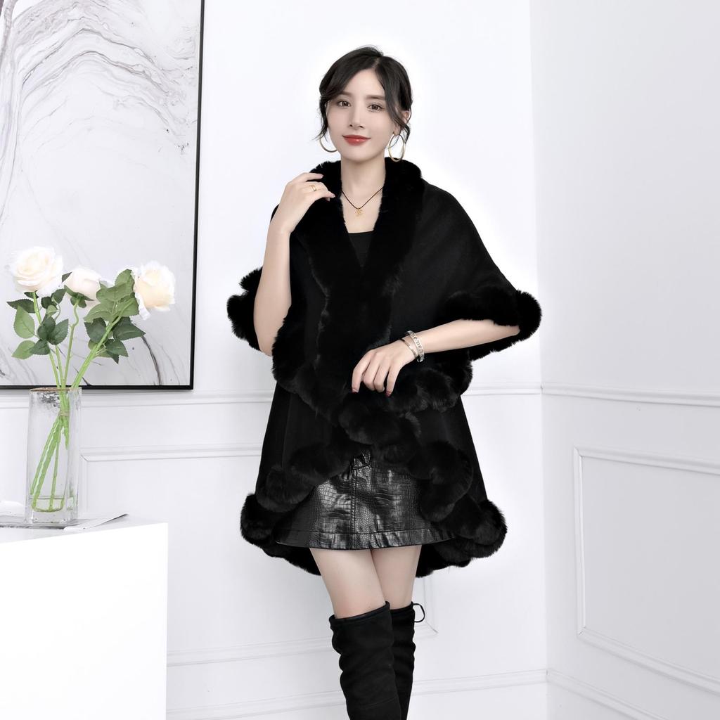 Plus Size Women's Knitted Cardigan with Imitation Rex Rabbit Fur Collar - Autumn/Winter Cape Shawl