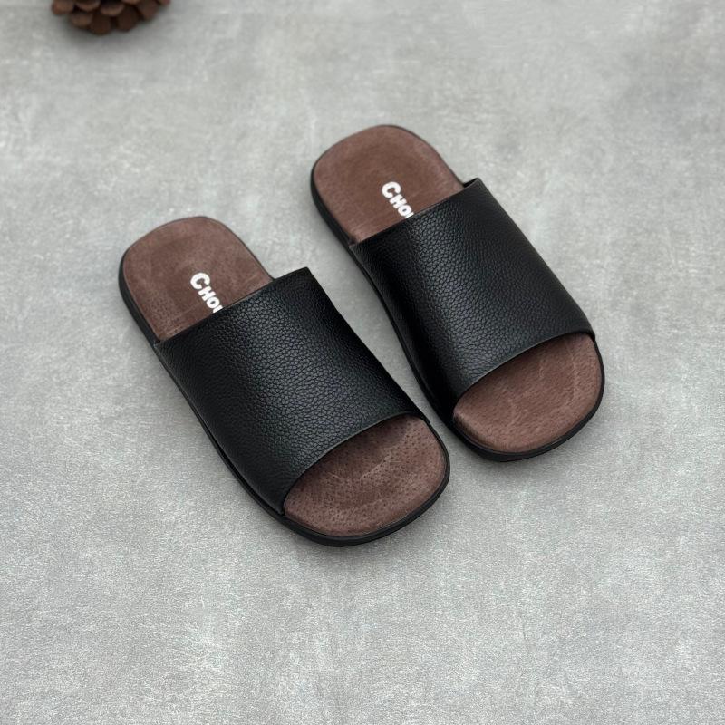 Johnature Genuine Leather Peep Toe Flat Slippers Simple Comfortable Soft Soled Cowhide Women's Slides