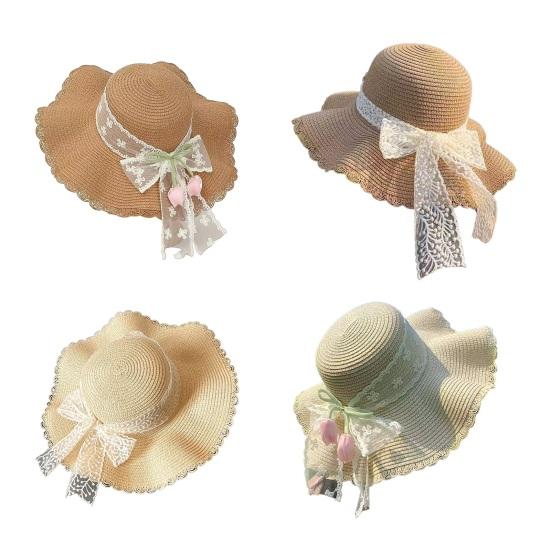 Sun Hat Large Wavy Brim Breathable Summer Straw Hat with Lace Bow Tulip Decor Foldable Portable Travel Hat