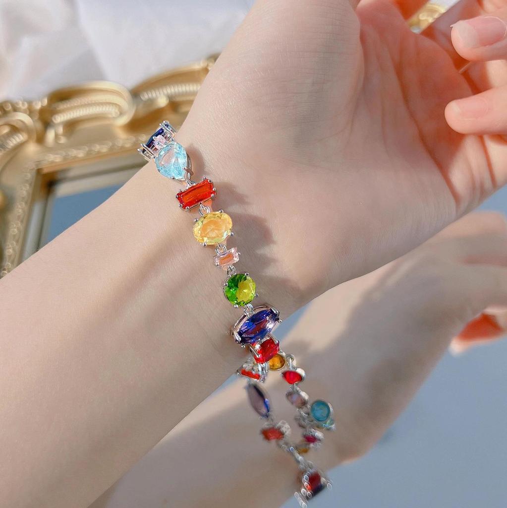 Women's Square Crystal Rainbow Jewelry Set: Bracelet, Necklace & 18K Gold Plated Earrings