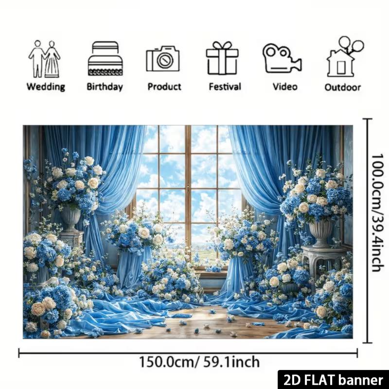 2D Flat Blue & White Flower Backdrop, Elegant Window View Photo Background Cloth