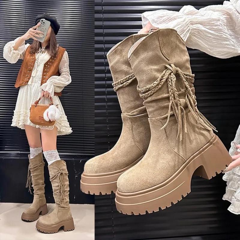 Spring and Autumn New Retro Fashion Style Fashion Boots Thick Heel Long Tube Slim Look Stacked Middle Tube Boots Plus Size 41 42