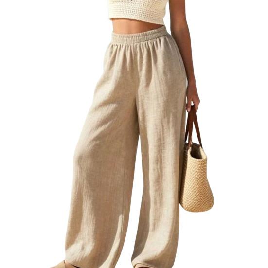 

Женские брюки эластичные с высокой талией широкие свободного кроя однотонные летние весенние повседневные для пляжа отпуска длинные брюки S абрикосовый