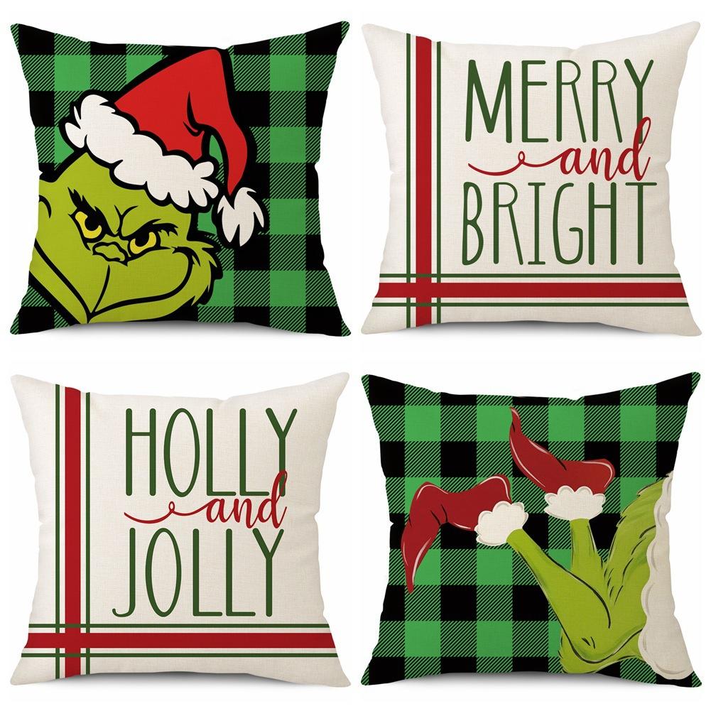 Green-haired Monster Pillow Cover Linen Christmas Pillow Cover Living Room Sofa Lumbar Cushion Cover