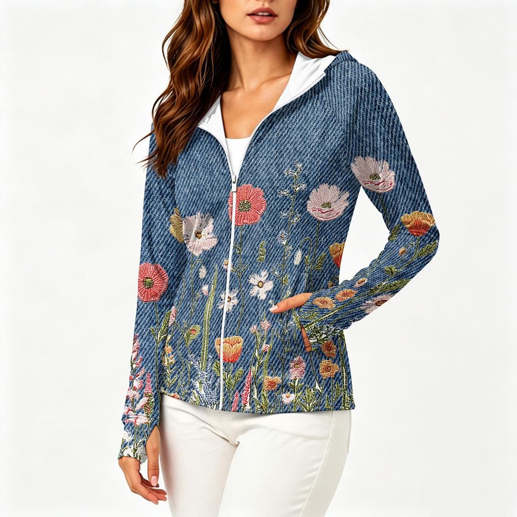 Women's Lightweight Zip Up Hoodie with Hood and Pockets Floral Print Long Sleeve Sun Protection Jacket Suitable for Outdoor Activities