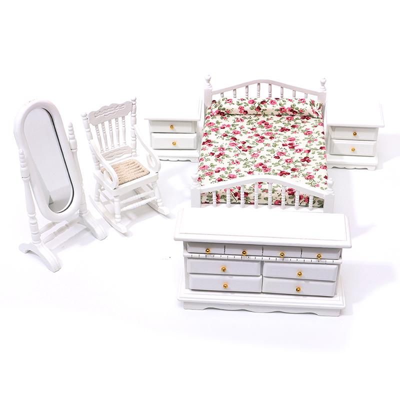 6Pcs 1:12 Dollhouse Miniature White Wooden Bedroom Furniture Set Doll House