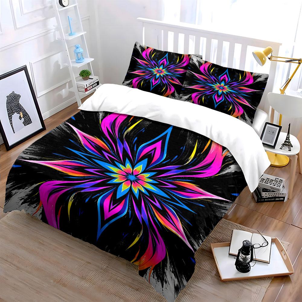 Vibrant neon floral mandala. Bedding sets Duvet cover sets Duvet covers Pillowcases(1* Duvet Cover 2* Pillowcases without duvet insert)