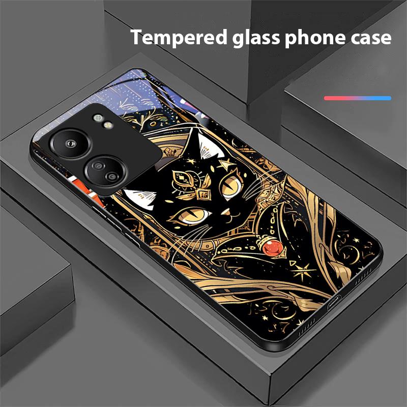 Schwarzes Gold Katze Für Xiaomi Redmi 13C Note13 12 Pro Plus 5G Note 9 13T Pro POCO X6 F5 F6 Schwarze Hartglas Handyhülle