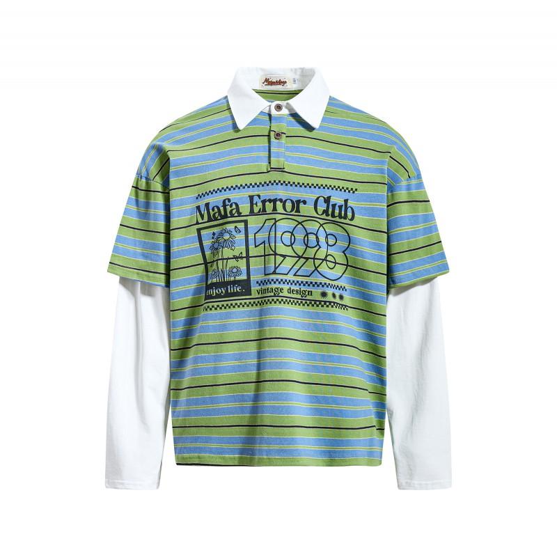 American Vintage Striped Mock Two-Piece Couple Polo Shirts Men Women Long Sleeve College Style
