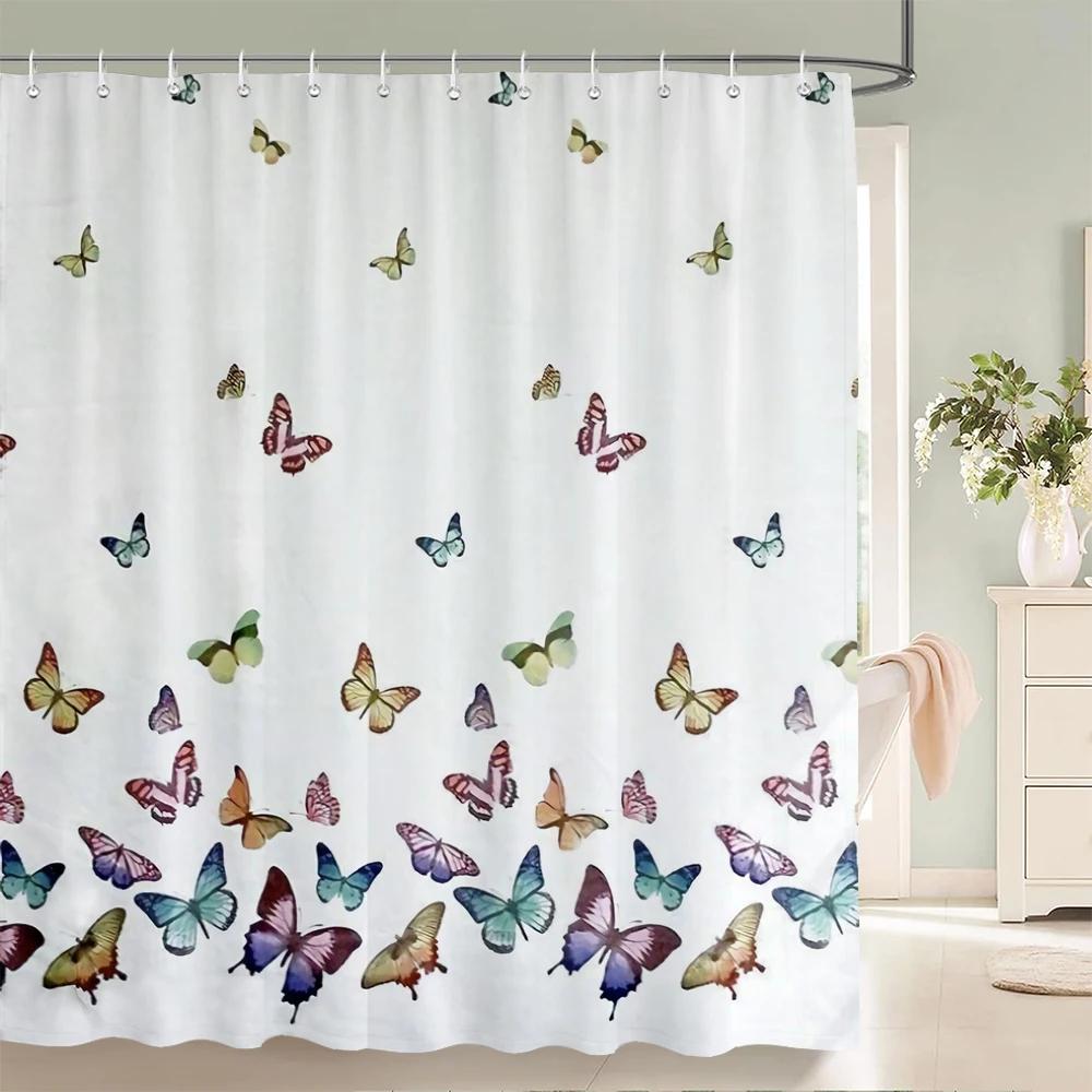 Beautiful Butterfly Shower Curtains Waterproof Fabric Colored Flowers Bath Curtain Bathroom Bathtub Decoration with Hooks