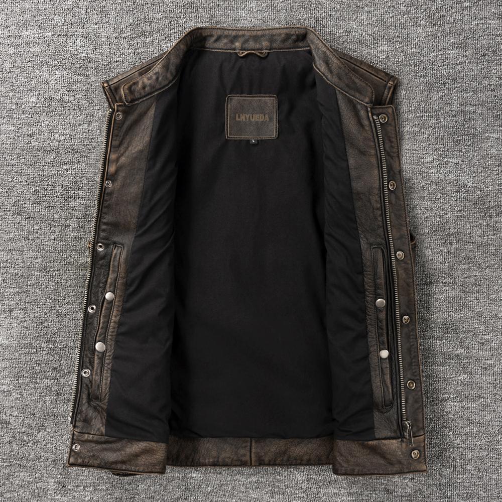 Vintage Motorcycle Vest Genuine Cow Leather Biker Vests Soft Slim Fit Men Genuine Leather Sleeveless Jacket Spring