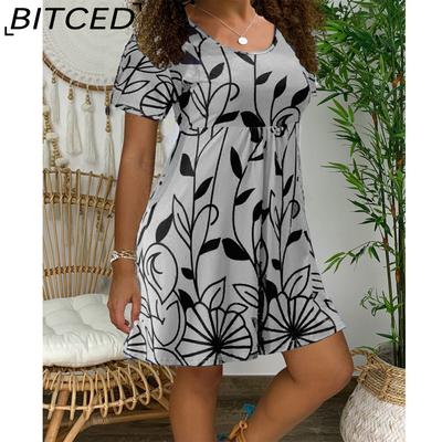 Vestido túnica feminino de poliéster com cintura alta e estampa floral