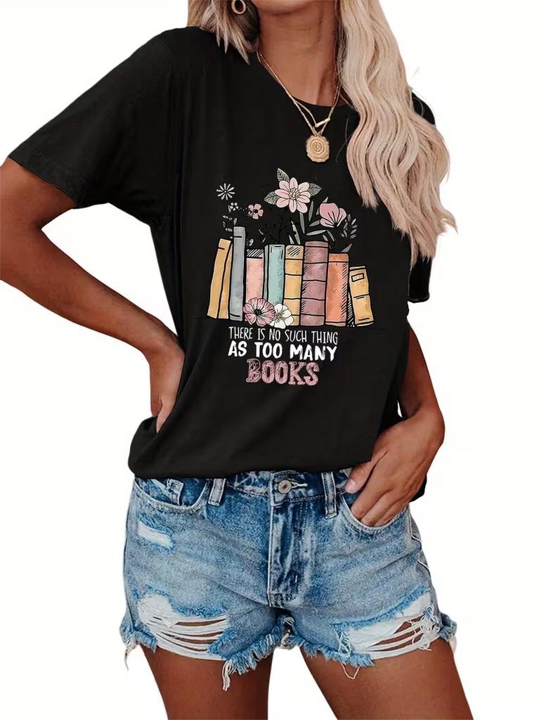 Womens Black Short Sleeve TShirt I Like Books More Than I Like PeopleFront Print with Floral Book Design Top for Book Lovers