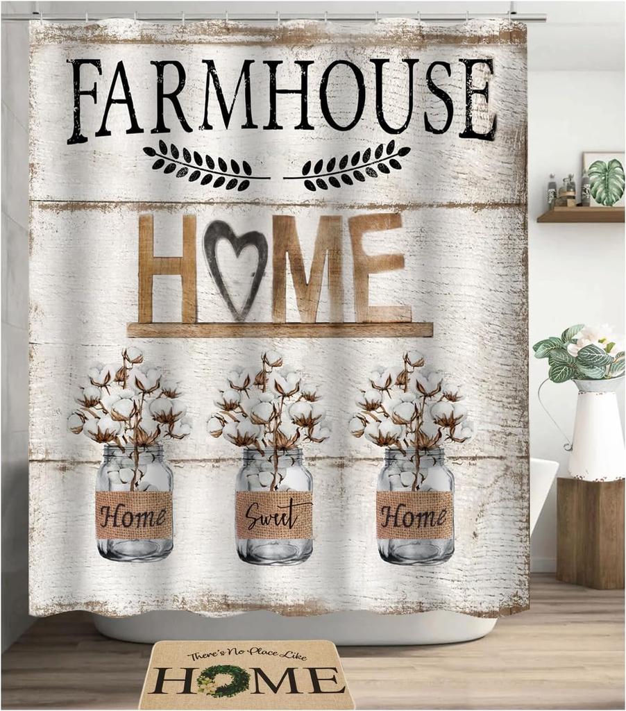 Rustic Farmhouse Shower Curtain Vintage Home Sweet Home Country Flower Shower Curtains Bathroom Bathtub Bath Curtain Waterproof