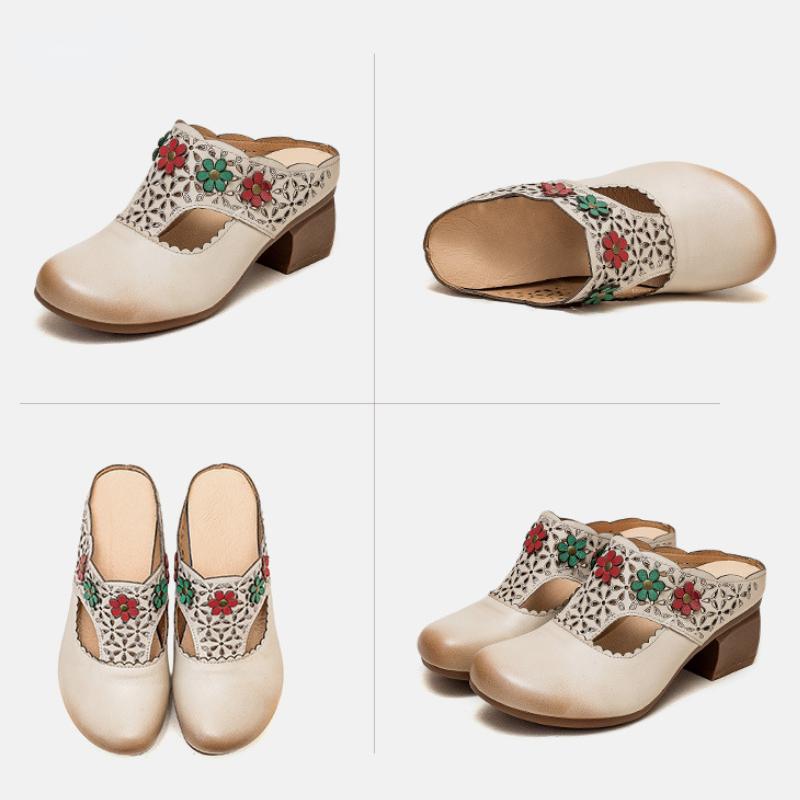 Ethnic Style Flower Mid Heel Slippers Summer New Round Toe Retro Comfortable Versatile Women Shoes Outside Slides