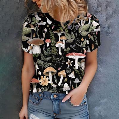 Damen Schwarzes T-Shirt Mit Naturinspiriertem Pilz-Print Lässiger Sommerstil Rundhalsausschnitt Kurzarm-Oberteil Für Den Täglichen Gebrauch
