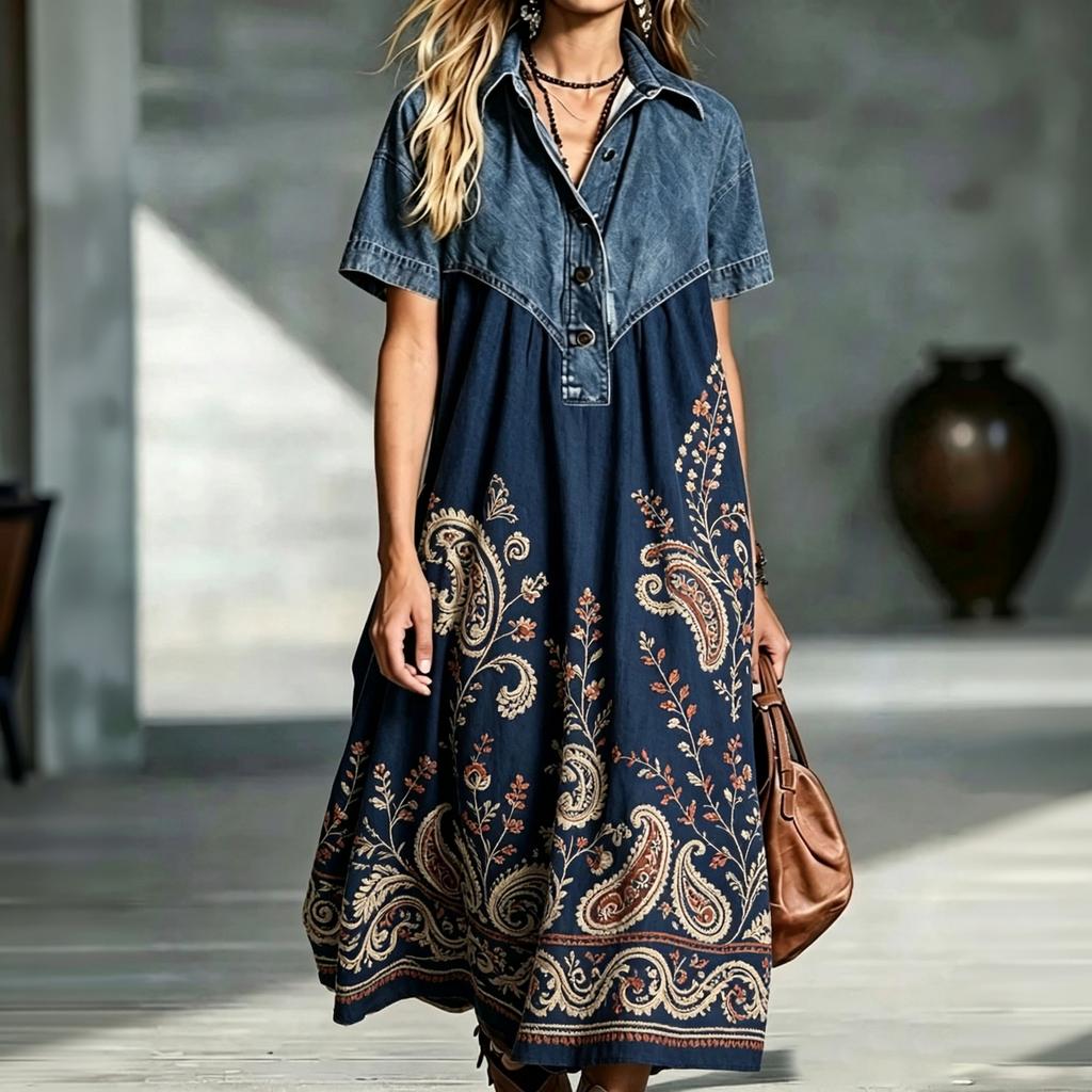 Women's Casual Denim Patchwork Dress Loose Fit Vintage Print Button Dress for Everyday Wear