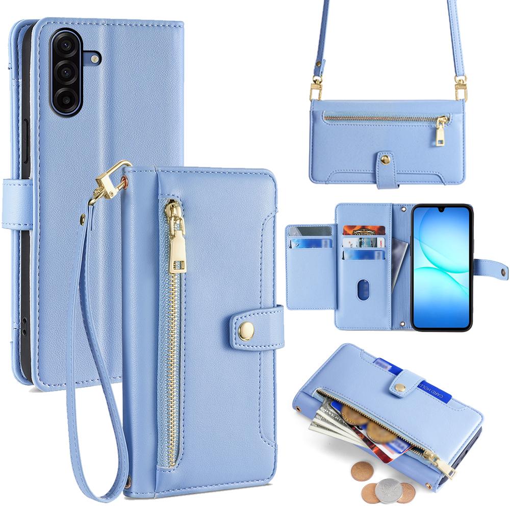 For Samsung Galaxy A17 5G Leather Case Zipper Pocket Wallet Phone Cover with 2 Straps