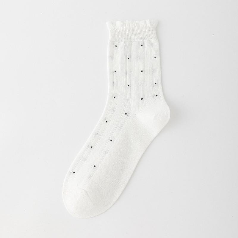 Polka Dot Socks for Women's Autumn and Winter Mid-calf Socks, Fresh Black Fungus Edge Pile Socks, Lace Versatile Socks