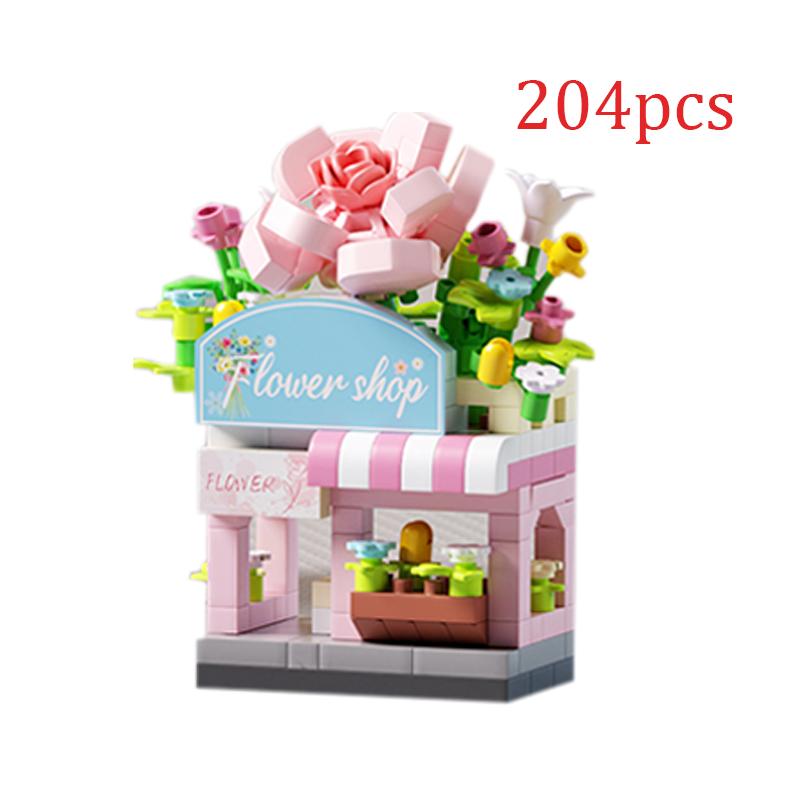 Restaurant Dessert Coffee Fruit Flower Store Snack Street View Cake Food House Building Blocks Kits Girls Bricks Model Kids Toys