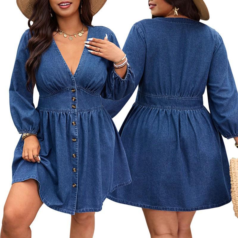 Elegant Plus Size V-neck Denim Dress with Waist-cinching Buttons