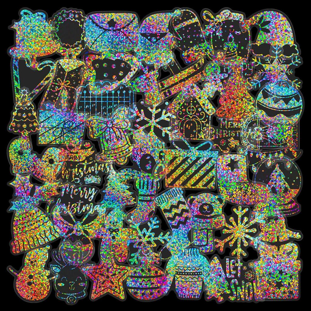 50 Transparent Laser Hat Christmas Stickers Laser Silver Hot PET Retro Butterfly Transparent Hand Account Holographic Stickers