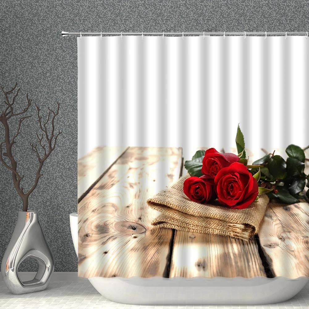 Rose Shower Curtain Set Romantic Valentine's Day Flower Waterproof Polyester Cloth Curtains Bathroom Home Decor With Hooks