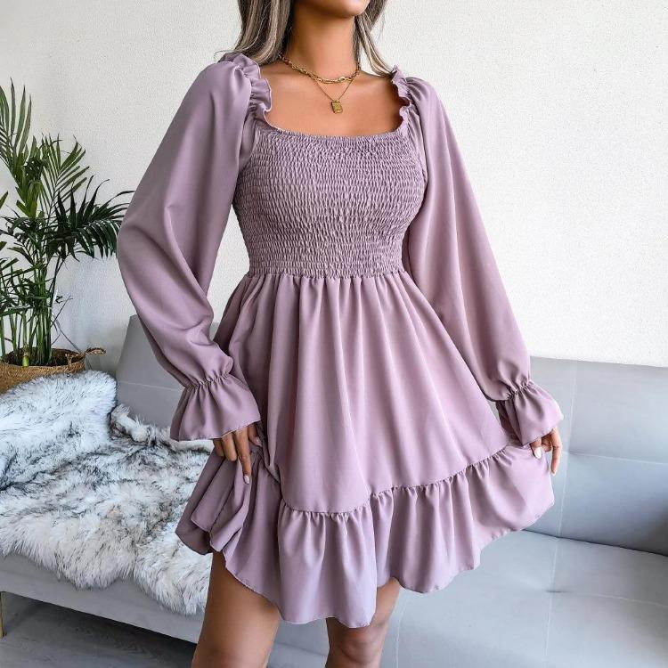 Flared Swing Dress Summer Spring Long Sleeve Square Neck Ruffled A Line Solid Color All Match Sizes S To XL