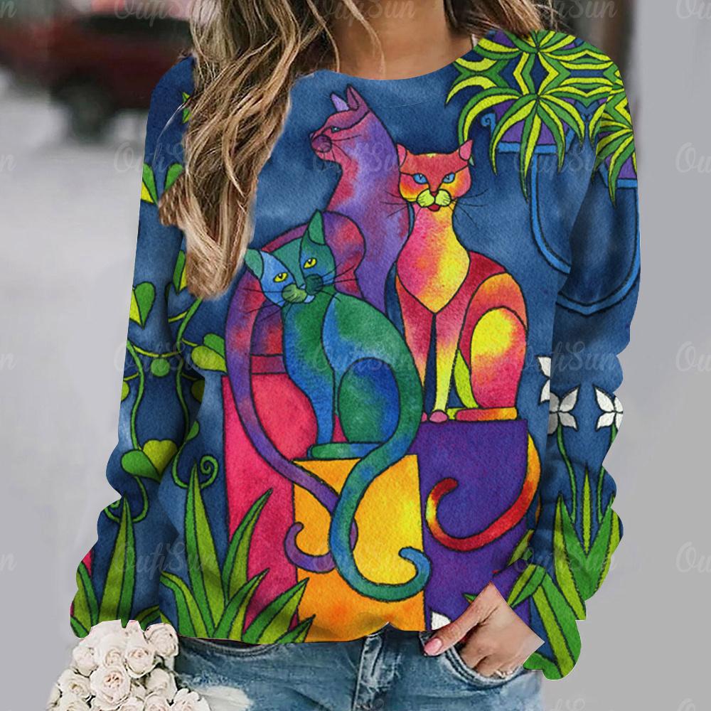 

Винтажные женские футболки с длинными рукавами, с рисунком кошки, с круглым вырезом, хлопковые топы, весна/осень, повседневная свободная повседневная женская одежда, пуловер 8XL