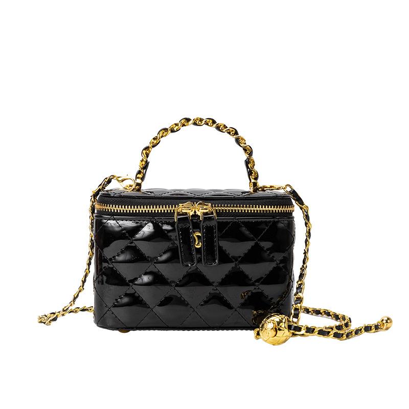 Korean New Style Fashion Diamond Chain Bag Light Luxury Style Gold Ball Crossbody Bag Small Fragrance Patent Leather Box Bag Handbag Handbag