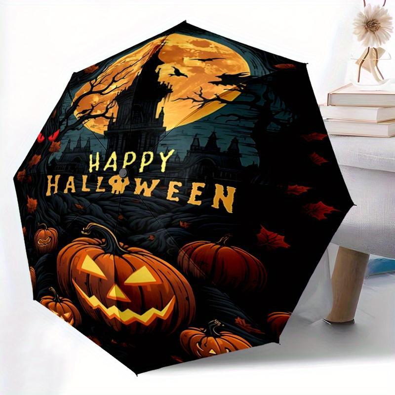 1pc Horror Theme Happy Halloween Pattern Automatic 3-Fold Umbrella, 8 Steel Frames, High-Value Folding Umbrella, Suitable for Office, Travel and