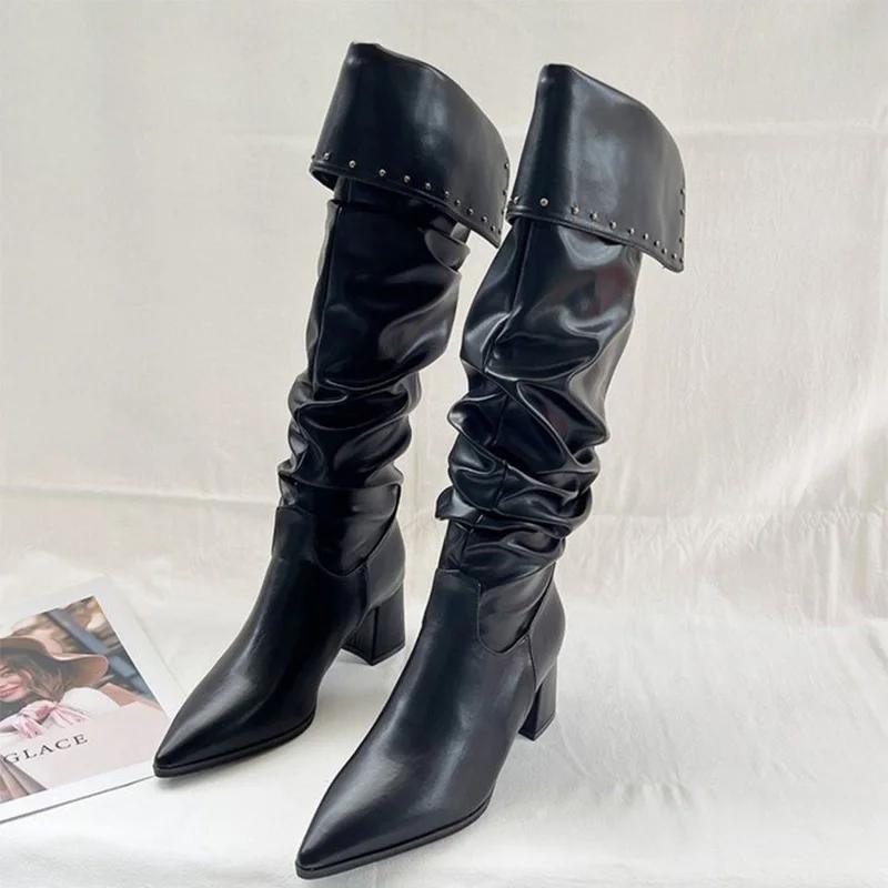 Knee High Women Boots Pointed Toe High Heels Sexy Shoes Winter Luxury Chunky Leather Shoes Chelsea Boots Elegant Pumps De Mujer