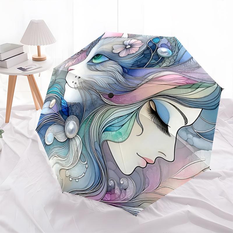 1pc Floral Fantasy Unique Cat & Flower Design Automatic Folding Umbrella, Perfect for Fans, Travelers, Everyday Use, Festive Gift with 8-Bone Iro