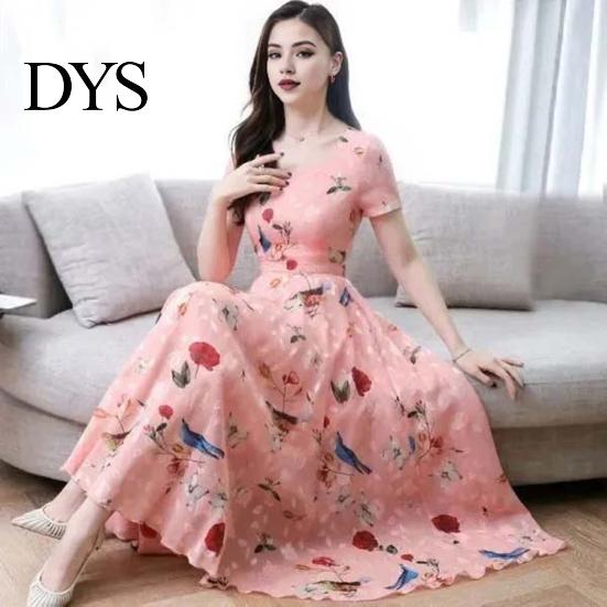 Lightweight Printed Dress Women Party A-line Big Swing Ice Silk O Neck Summer Short Sleeves High Waist Mid-calf Length Prom Dating Midi